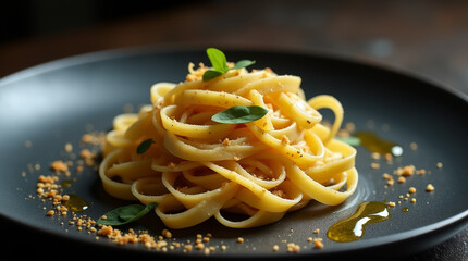 A serving of linguine elegantly plated with fresh herbs and drizzle of olive oil creates a tempting dish perfect for cozy dinner experience