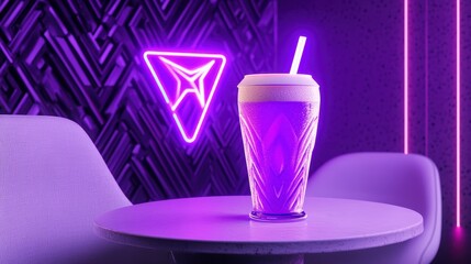 Neon lights illuminating a futuristic cafe with a glowing drink