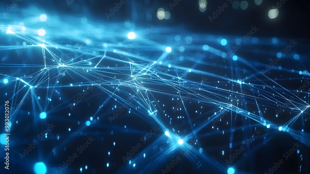Poster abstract blue network with interconnected glowing nodes