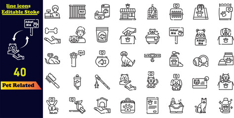 Simple set of pet service-related stroke line icons, including icons such as emotional support dog, restriction sign, pet transportation pictogram, and more. Editable stroke collection.