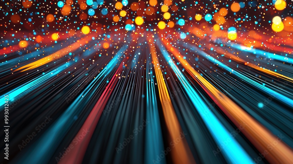 Poster colorful light trails against a blurred background, creating a dynamic visual effect.