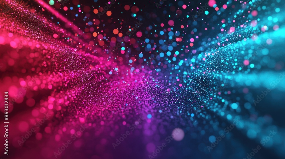 Poster colorful particles in motion, creating a vibrant dynamic backdrop.