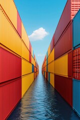 Fototapeta premium Colorful shipping containers lined along waterway.