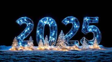Festive illuminated numbers 2025 with snowy pine trees and lights