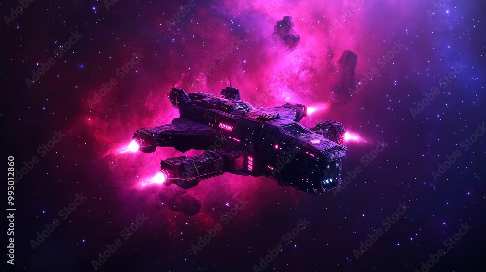 Poster spaceship flying through colorful nebula in deep space with bright lights