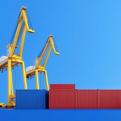 Cranes loading colorful containers, blue sky background
