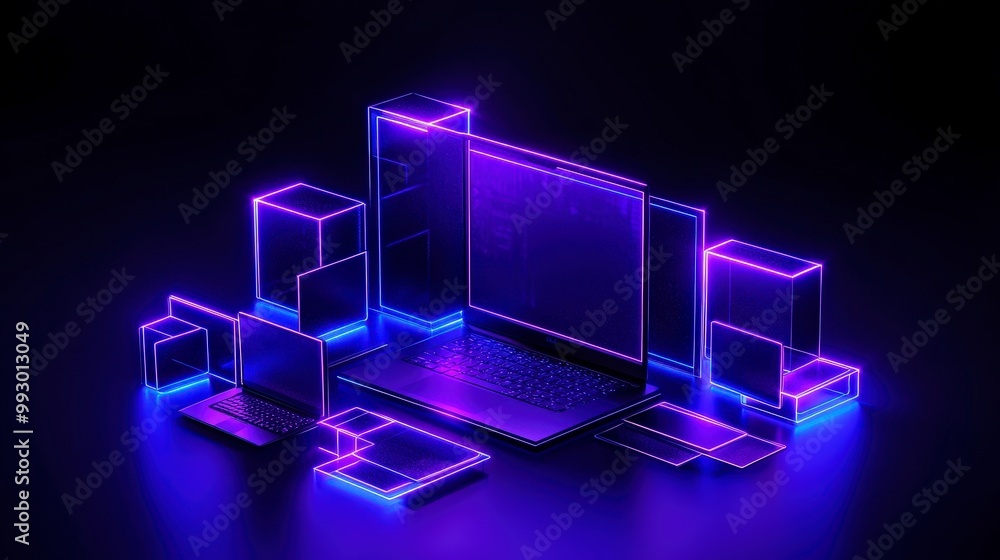 Poster Futuristic digital devices with neon glowing lights in abstract composition