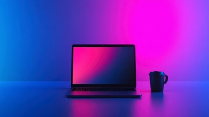 Laptop on a table with colorful lighting and a coffee cup