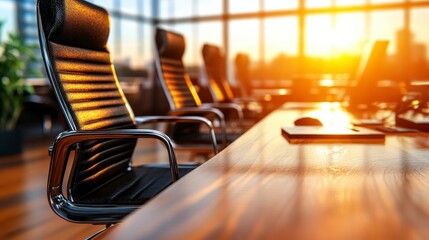 Empty office chairs and wooden table in modern sunlit workspace