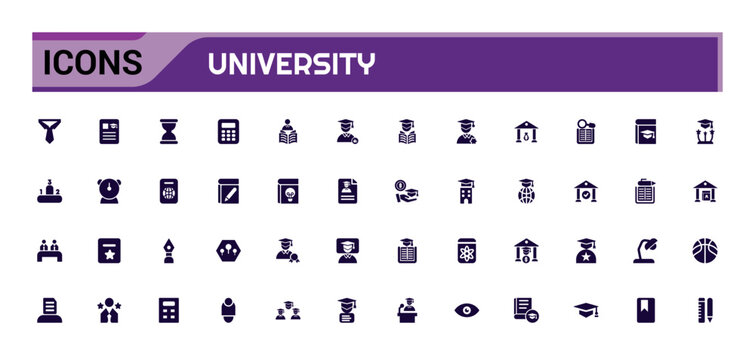 University icon pack. Containing education, learning, research institution, student and study. Filled and solid icon set. Glyph for web and ui. Vector illustration.
