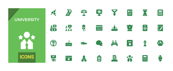 University icon pack. Containing education, learning, research institution, student and study. Filled and solid icon set. Glyph for web and ui. Vector illustration.