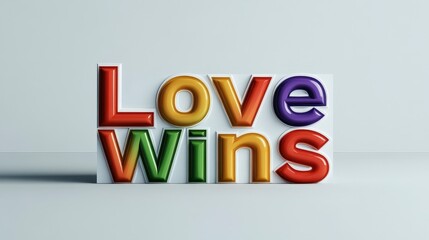 Colorful love wins sign with bold letters on neutral background