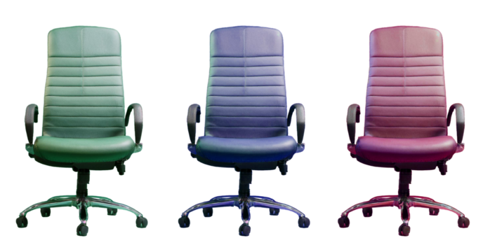 ergonomic office chairs in three colors isolated on white background