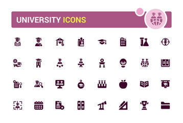 University icon pack. Containing education, learning, research institution, student and study. Filled and solid icon set. Glyph for web and ui. Vector illustration.