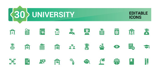 University icon pack. Containing education, learning, research institution, student and study. Filled and solid icon set. Glyph for web and ui. Vector illustration.