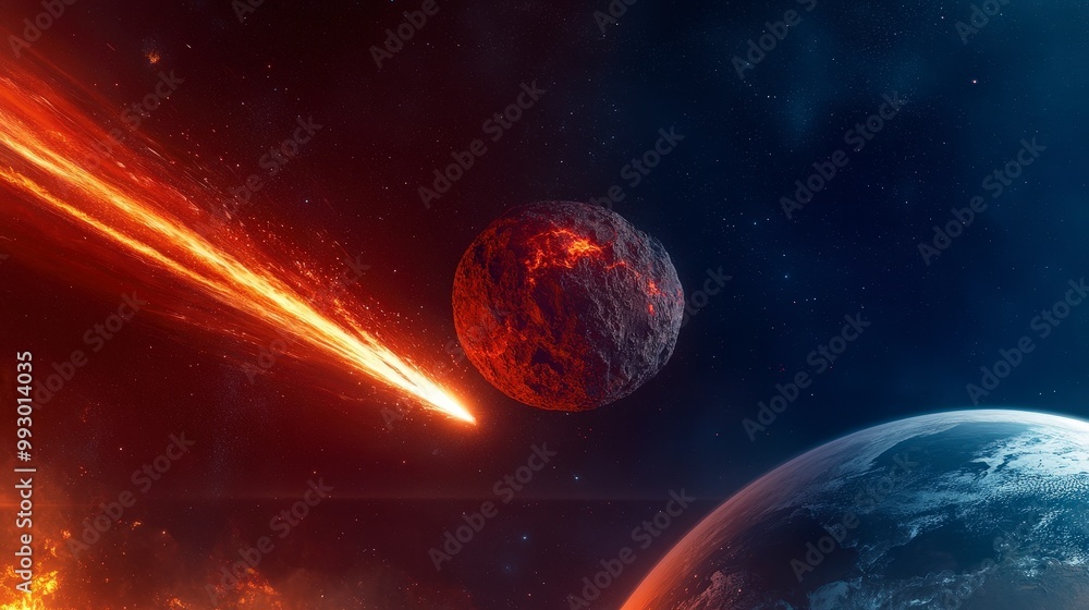 Poster fiery meteor approaches planet in dramatic space scene of collision