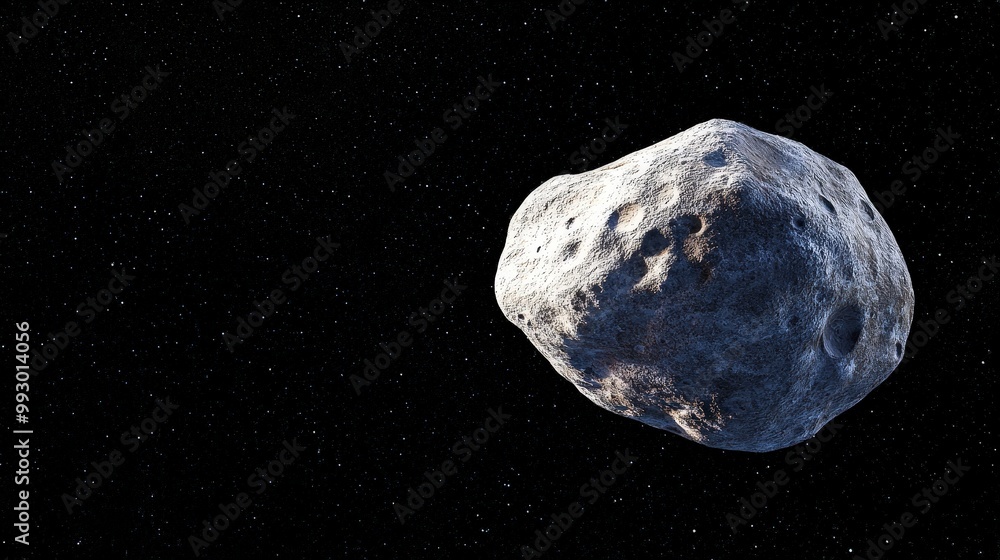 Poster asteroid floating through vast starry space with visible craters and texture
