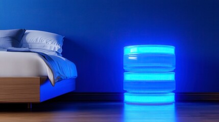 Modern bedroom with a glowing blue futuristic lamp beside the bed
