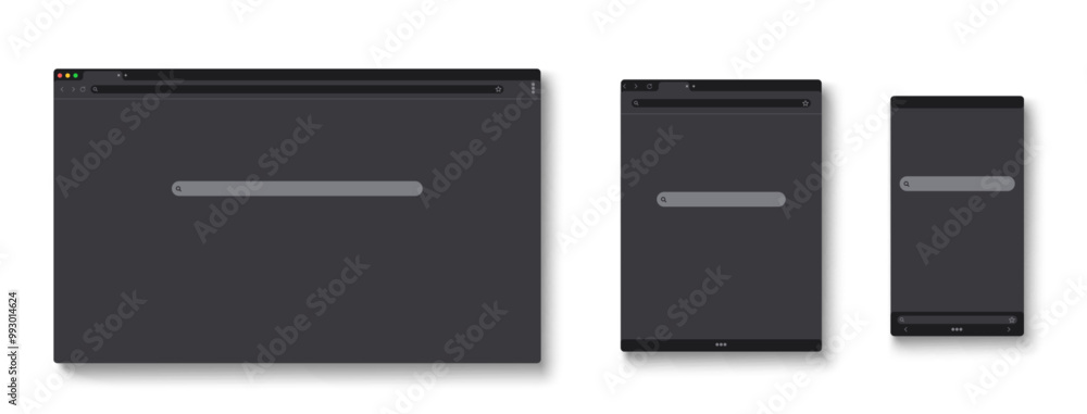 Poster responsive browser window mockup with url address bar, search box and toolbar. vector set of web sit