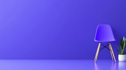 Modern minimalist interior with blue chair and stylish plant arrangement