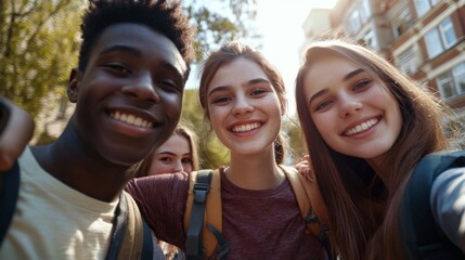 Fototapeta premium Multi ethnic student guys and girls taking selfie. Multi racial group of young people