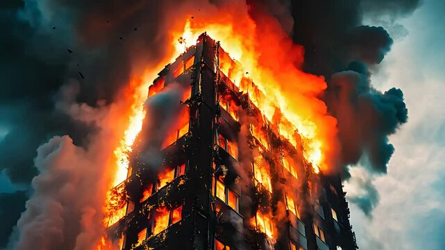 High-rise building engulfed in intense flames with thick smoke billowing, dramatic urban fire disaster, emergency rescue scene.
