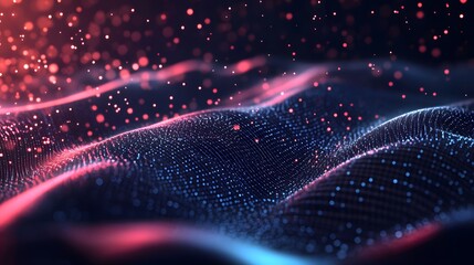 Abstract Blue and Red Wavy Grid with Glowing Particles