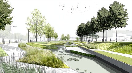 Technical drawing for a sustainable urban drainage system, mitigating flood risks while enhancing public green spaces