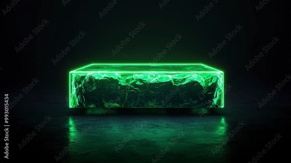 Poster glowing green neon light hovering over futuristic rectangular stone block