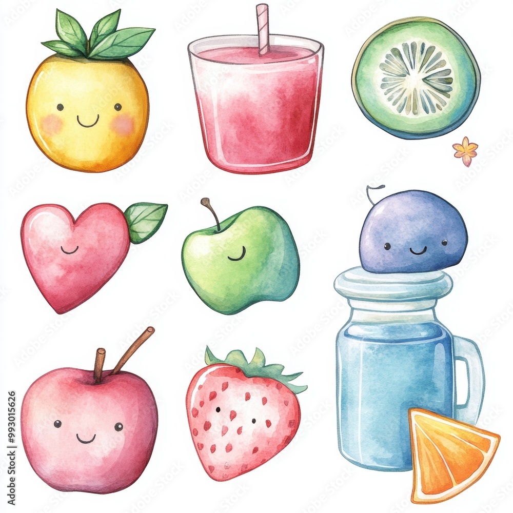 Sticker Cute Fruits Watercolor Set.