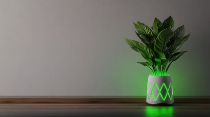 Modern plant in glowing pot with green led lights on floor
