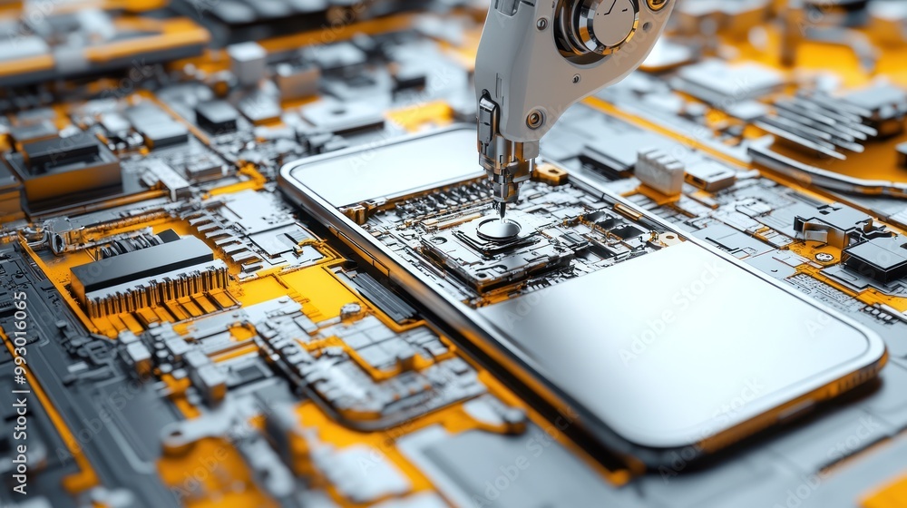 Poster a robotic arm assembling a smartphone on a circuit board.