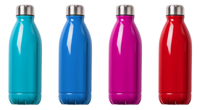 four color flasks or bottles mockup isolated on white background