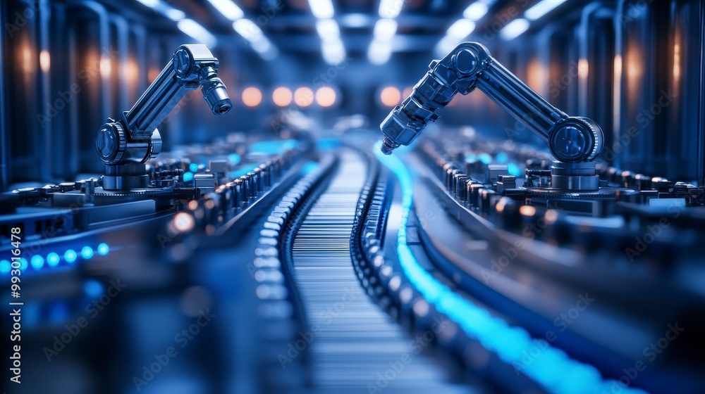 Poster robotic arms working in futuristic automated assembly line