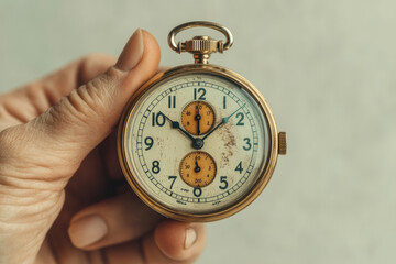 A vintage pocket watch held in the hand of an old man, faded and worn with time. The face shows three o'clock, suggesting a late autumn or early winter season. Created with Ai