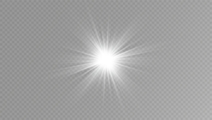 White glowing light explodes on a transparent background. with ray. Transparent shining sun, bright flash. Special lens flare light effect.	