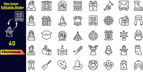 Set of Christmas stroke icons featuring holiday symbols. This line icon collection includes Santa, snowman, Christmas tree, wish list, decorations, and gifts. Editable stroke.