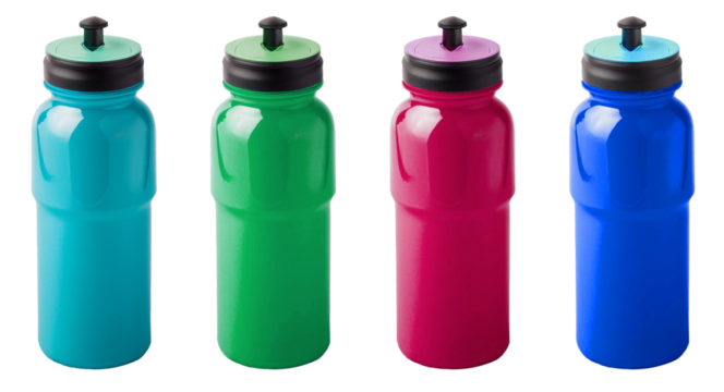 four color sport bottles mockup isolated on white background