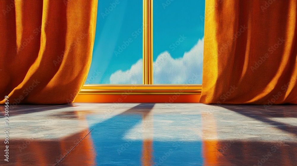 Poster sunlight streaming through window with orange curtains and blue sky view