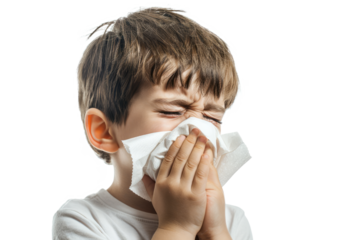 A crying little boy with a crumpled tissue in his hand, against a white background.