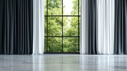 Fototapeta premium Elegant room with large window and lush green view outside