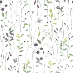 Floral seamless pattern with delicate abstract plants, isolated watercolor hand drawn illustration for textile, wallpapers, fabric or template for background.