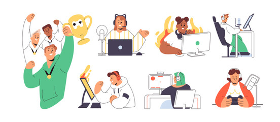 Video games players set. People play videogames. Gamers with joystick or computer streaming esport competition, tournament. Cybersport team celebrates win. Flat isolated vector illustrations on white © Paper Trident