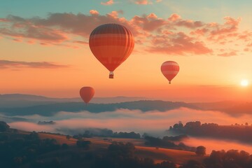 Fototapeta premium Hot air balloons in sky with beautiful landscape