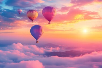 Obraz premium Hot air balloons in sky with beautiful landscape