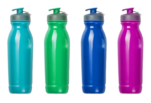 four sports bottles isolated on white background
