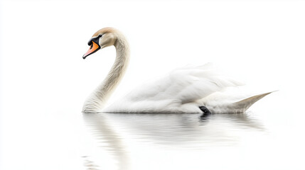 Obraz premium A white swan gracefully swimming on water against a pure white background, evoking a sense of calmness and elegance