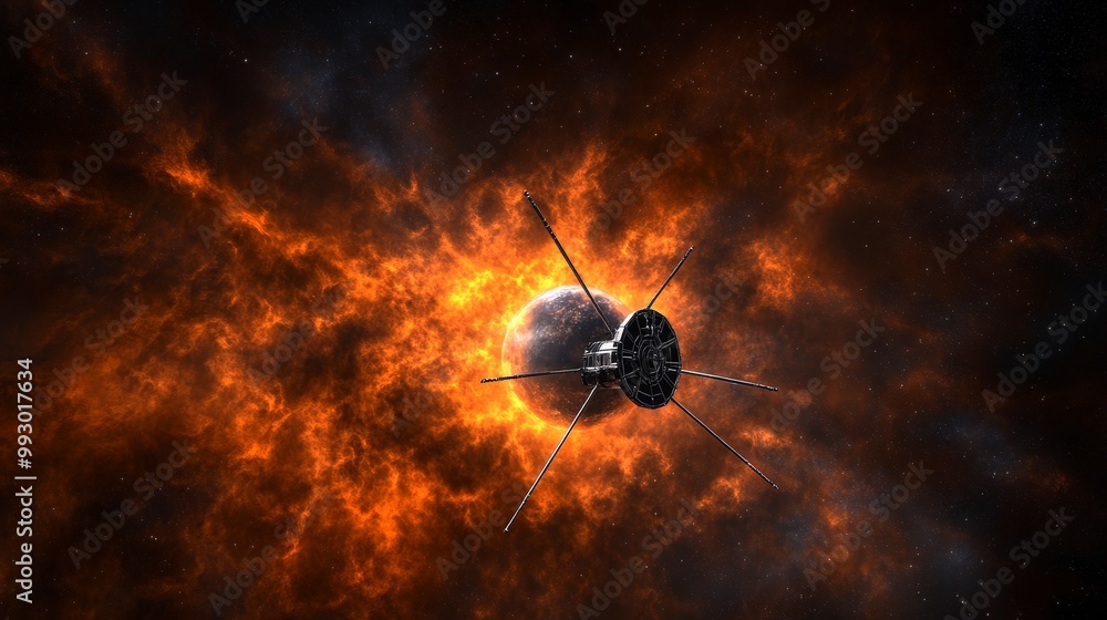 Poster spacecraft exploring outer space with vibrant cosmic nebula background