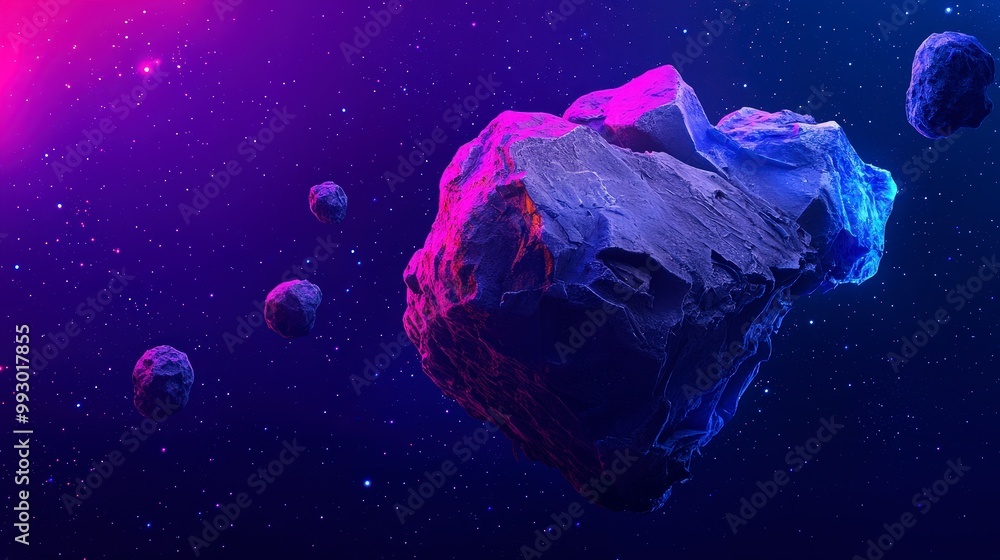 Poster floating asteroids in deep space with vibrant colors and cosmic background