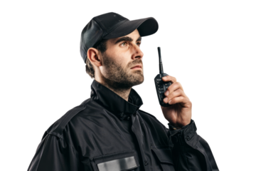 A security guard in a black uniform, holding a walkie-talkie , white background.